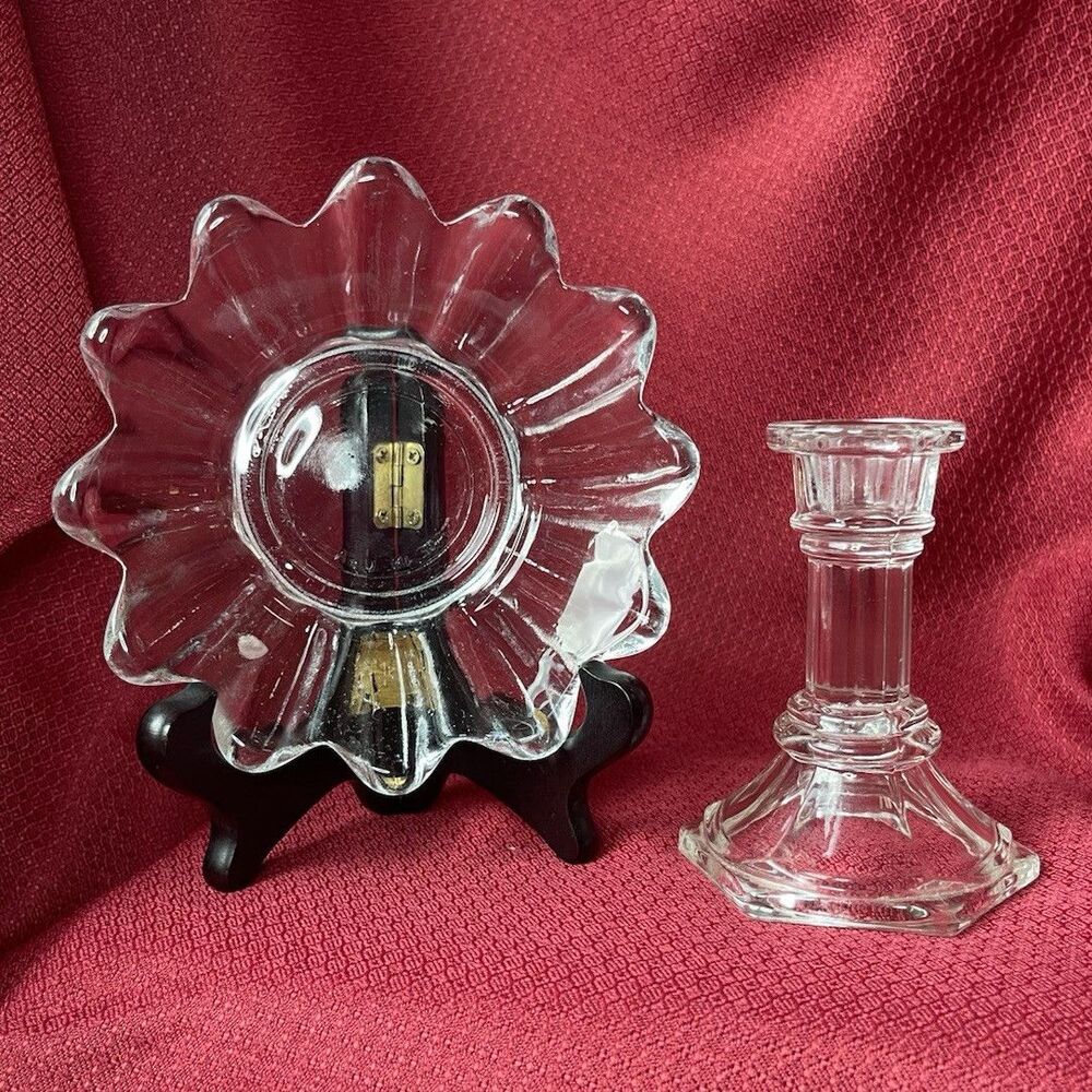 Clear Pressed Glass Floral Flower-Shape Candle Holder Candlestick